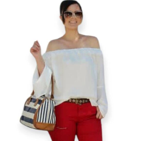 CHARLOTTE RUSSE WHITE/CREAM OFF-THE-SHOULDER BELL SLEEVE TOP SZ.M EUC. - Picture 1 of 7